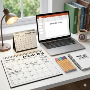 A colorful academic desk calendar positioned on a student's workspace next to a laptop and stationery for semester planning.