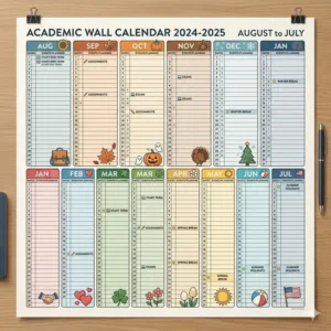 Illustration 2: A flat-lay illustration of a horizontal academic wall planner covering August to July for student and teacher scheduling.