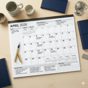 Detailed monthly layout of large desk calendars 2026 showing spacious writing areas.