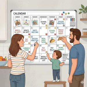 A large dry erase calendar used as a family command center on a kitchen fridge for meal planning.