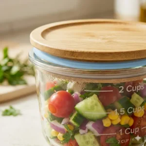 A close-up of a hand pressing the lid to create an airtight, leakproof seal on 2 cup glass food storage containers.