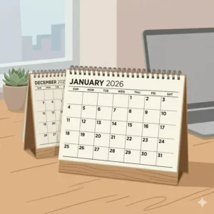 A 3D standing flip-style illustration showcasing monthly desk calendars 2026 for office planning.