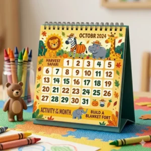 Close-up of a vintage-style floral themed desk calendar showing the current month’s schedule.