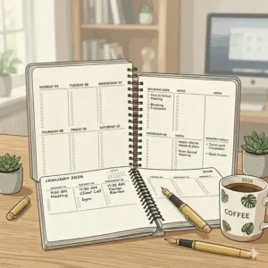 An illustration of a weekly desk planner 2026 featuring a dedicated habit tracker and goal-setting sidebar.