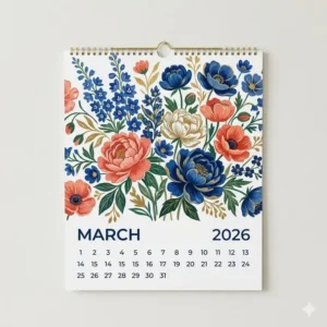 Illustration 2: Elegant floral patterns on the cover of a blue sky wall calendar 2026 with gold wire binding.