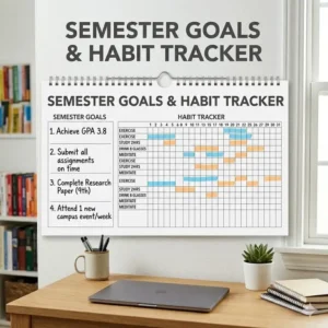 A dedicated section for semester goals and habit tracking on a functional academic year wall calendar.