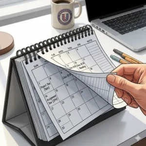 Side-angle view of a spiral-bound academic desk calendar illustrating the durable twin-wire binding and easy-flip pages.