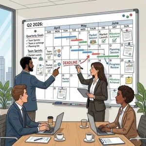Team members tracking quarterly goals and deadlines on a large dry erase calendar in a conference room.