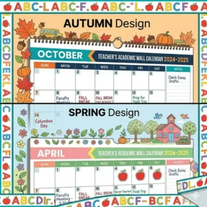 Illustration of different seasonal themes and decorative borders on a teacher wall calendar.