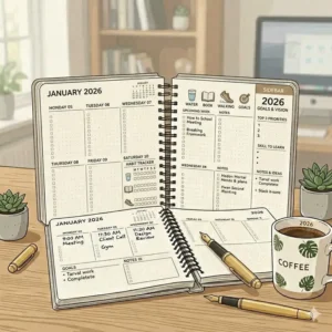 A top-down view of a decorative weekly desk planner 2026 with a floral cover and gold foil accents.