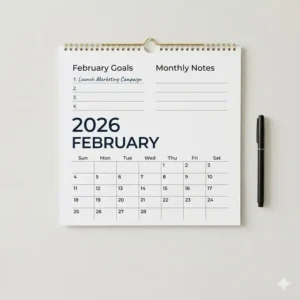 Illustration 3: Interior pages of the blue sky wall calendar 2026 highlighting the dedicated notes and goals section.