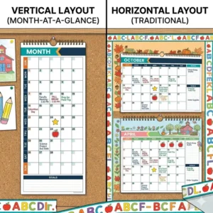 Comparison between vertical and horizontal layout options for a teacher wall calendar.