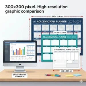Illustration 4: A scale comparison graphic showing different sizes of an academic wall planner relative to a standard office monitor.