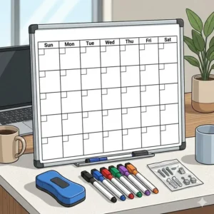 A large dry erase calendar kit shown with colorful markers, a magnetic eraser, and mounting hardware.