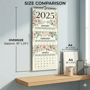An infographic showing the dimensions of a large-format vertical wall calendar compared to standard office supplies.