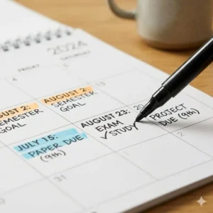 Detailed shot of a pen writing on the high-quality thick paper of an academic year wall calendar.