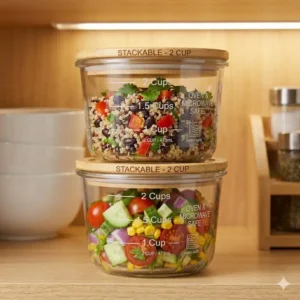 Multiple 2 cup glass food storage containers stacked neatly in a kitchen cabinet to save space.