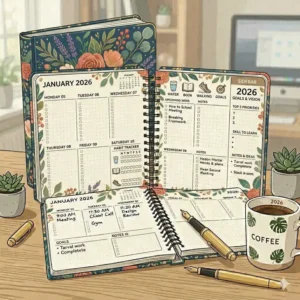 A sleek and modern weekly desk planner 2026 in a charcoal grey hardback cover for professional use.