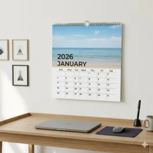 Illustration 4: A modern home office workspace featuring a blue sky wall calendar 2026 for daily organization.