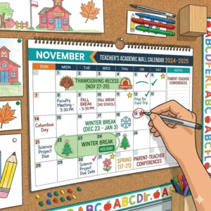 A teacher wall calendar with marked dates for holidays and parent-teacher conferences.