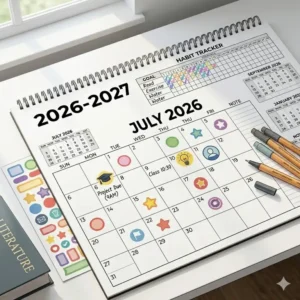 Top-down view of an academic desk calendar featuring colorful planning stickers and a built-in habit tracker.
