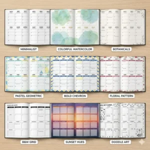 A variety of academic wall planner designs ranging from minimalist black and white to colorful floral patterns.