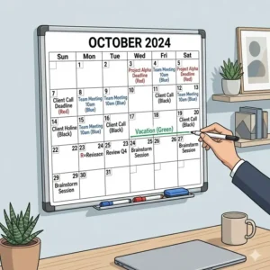 A stylish home office setup featuring a large dry erase calendar for daily task organization.