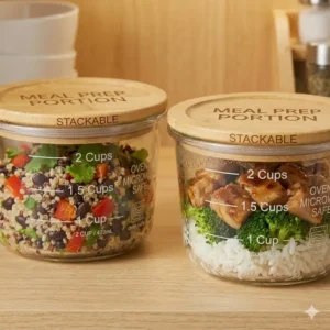 Perfectly portioned meals for lunch, including quinoa and chicken, inside 2 cup glass food storage containers.