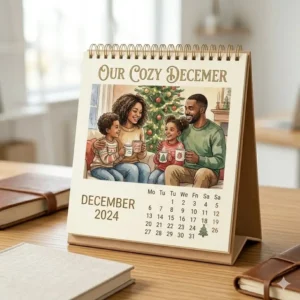Personalized themed desk calendar displaying custom family photos on each month's page.