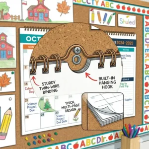 Close-up of the sturdy twin-wire binding and hanging hook on a teacher wall calendar.