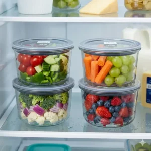 Organized refrigerator shelf with various fruits and vegetables kept fresh in 2 cup glass food storage containers.