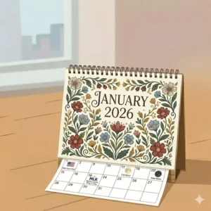 Visual highlights of federal holidays and moon phases on monthly desk calendars 2026.