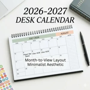 A minimalist aesthetic academic desk calendar with elegant typography and pastel accents for a professional home office.