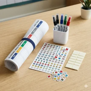 Dry erase markers, colorful icon stickers, and mounting pads laid out next to a rolled academic wall planner.
