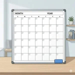 An undated and reusable large dry erase calendar monthly grid layout on a desk for flexible planning.