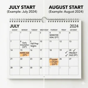 Visual comparison between July and August start dates for a versatile academic year wall calendar.