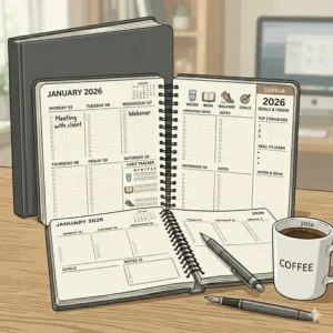 A sustainable weekly desk planner 2026 made from recycled paper with a natural linen texture.