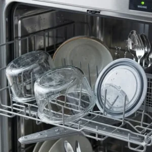 2 cup glass food storage containers placed upside down in the bottom rack of a dishwasher being washed.