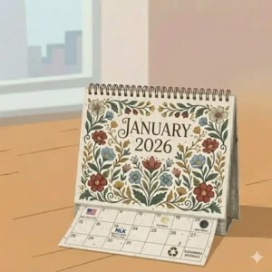 A graphic representation of recycled paper used for eco-friendly monthly desk calendars 2026.