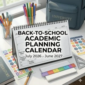 An academic desk calendar surrounded by school supplies like pens and a ruler, highlighting the back-to-school theme.