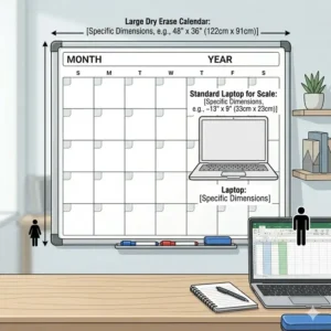 A detailed size guide showing the dimensions of a large dry erase calendar compared to a standard laptop.