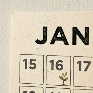 Eco-friendly vertical wall calendar made from recycled paper textured to show sustainable material quality.