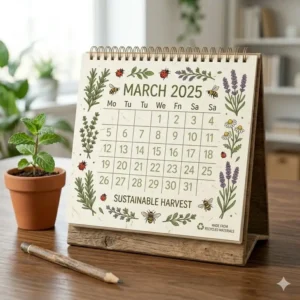 Sustainable, eco-friendly themed desk calendar made from recycled materials on a wooden desk.