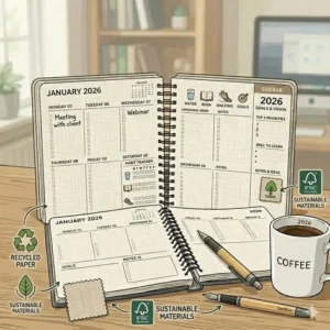 A weekly desk planner 2026 styled with a fountain pen and washi tape on a walnut wood surface.