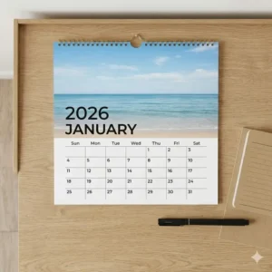 Illustration 7: A blue sky wall calendar 2026 placed next to a desk lamp to show its actual physical dimensions.