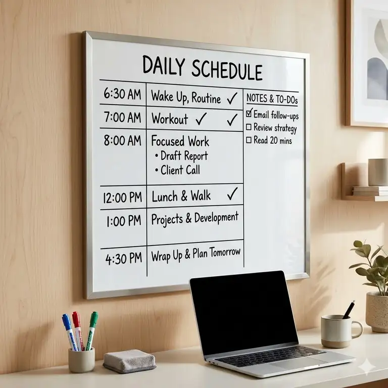 A minimalist dry erase daily schedule mounted on a home office wall showing a productive morning routine.