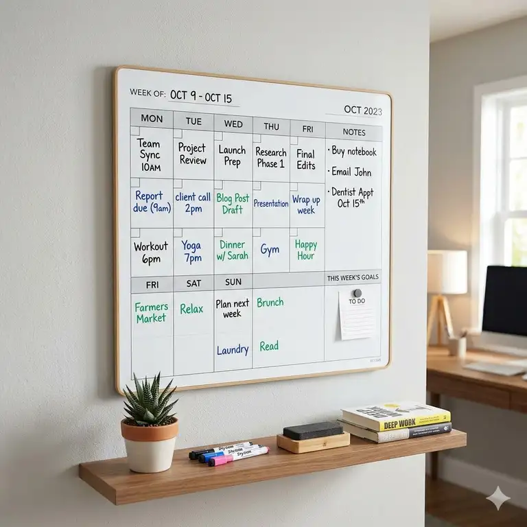 A premium wall-mounted dry erase board with weekly planner used for organizing home office tasks.