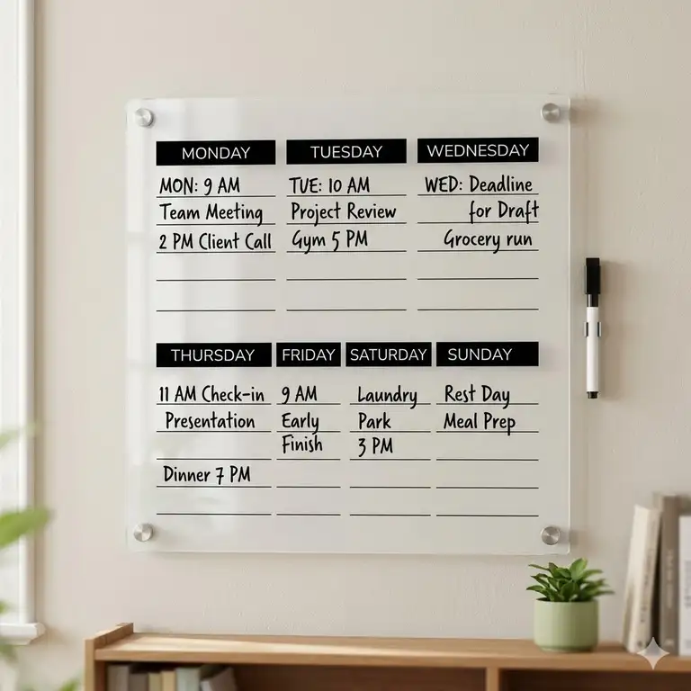 Featured Image: A modern frameless weekly dry erase board mounted on an office wall showing a planned schedule.