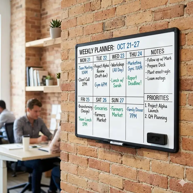 Featured Image: A professional office wall featuring a large weekly marker board for team scheduling and project management.