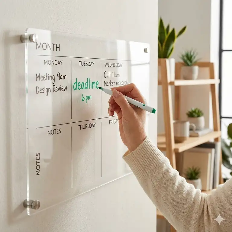 A modern acrylic weekly planner board for wall mounted in a bright home office.